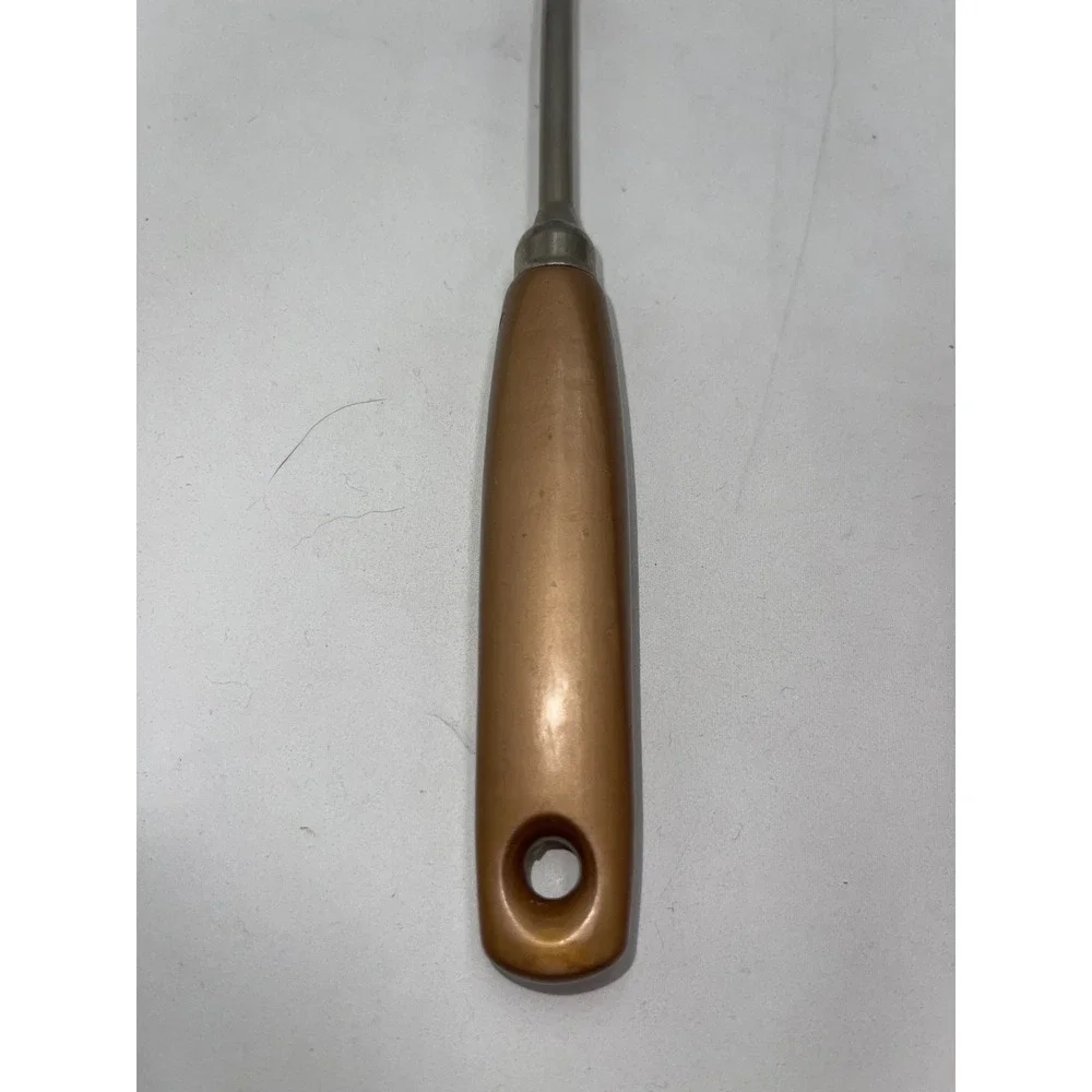 Vintage Slotted Serving Spoon USA Tan Gold Handle Stainless Steel Leaf Pattern